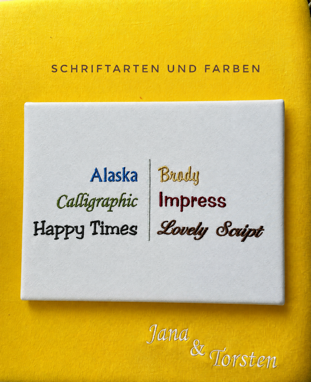 Übersicht der verfügbaren Schriftarten und Fadenfarben für die Namensstickerei auf VanBettie Spannbettlaken